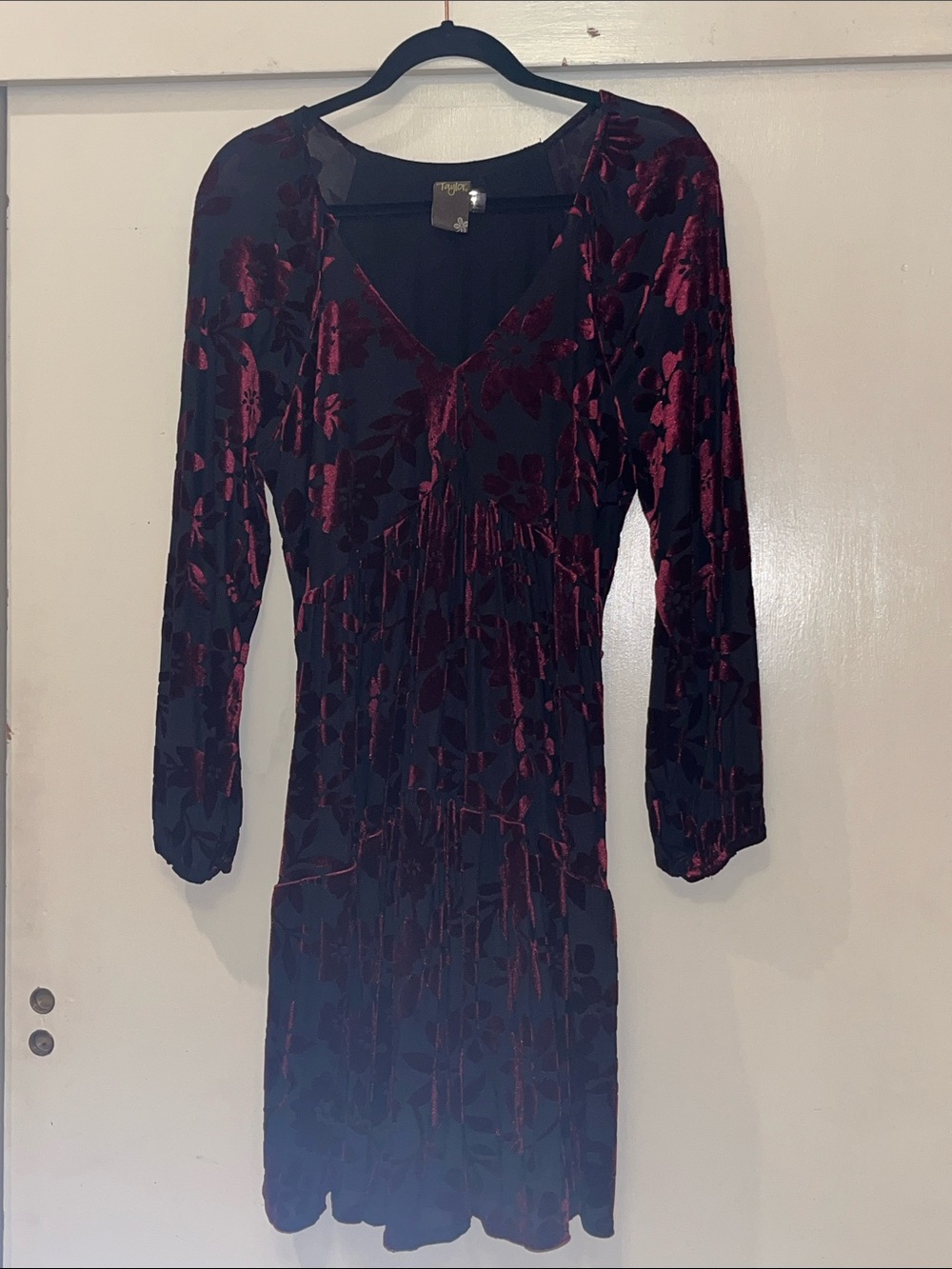 Taylor Burgundy Floral Burnout V-Neck Long Sleeve Dress